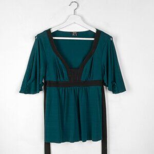 XOXO Babydoll Blouse V-Neck Split-Sleeve Flutter Teal Green S